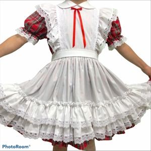 Vintage Golden Age Full Circle Plaid Pinafore Party Dress Ruffles Lace 80s